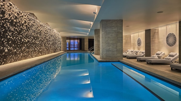 Indoor pool, outdoor pool, pool umbrellas, sun loungers
