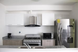 Fridge, microwave, oven, stovetop