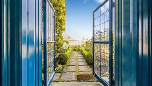 Un sendero conduce a un edificio con puertas azules y un jardín lleno de plantas diversas.