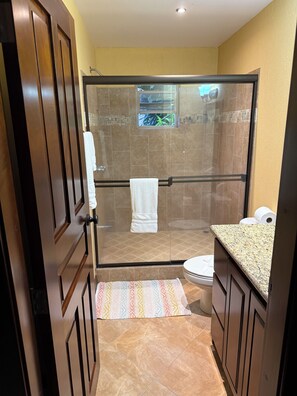 Shower, hair dryer, towels, soap