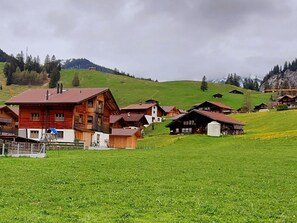 Ein ländliches Dorf mit traditionellen Holzhäusern, einem Spielplatz und einem großen, grünen Feld.