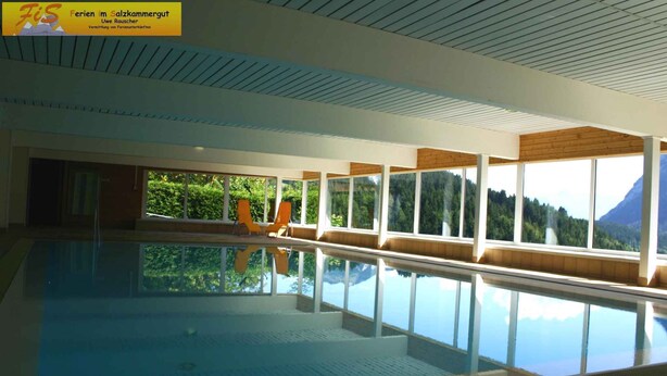 An indoor swimming pool with clear windows and a view of a forested mountain range.