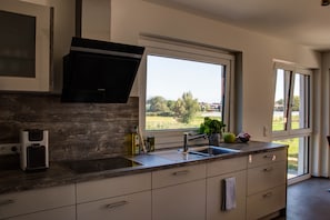 Fridge, microwave, oven, stovetop - "Alpenblick 2 - Holiday Apartment" with Mountain View (Bodolz)