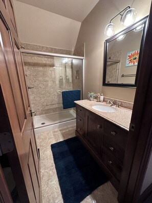 Combined shower/bathtub, jetted bath, hair dryer, bidet