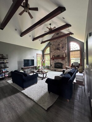 Smart TV, chimenea, reproductor de DVD y libros 