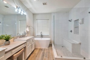 Hair dryer, towels, shampoo