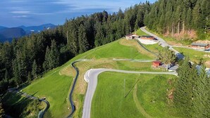 Une route sinueuse traverse un paysage verdoyant, avec un petit bâtiment et quelques arbres.