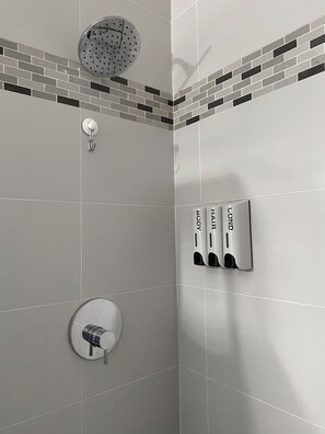 A shower area with a rain showerhead, a handheld showerhead, and a wall-mounted soap dispenser. - Fully Furnished & Renovated Historic Condo in Downtown Core (London)