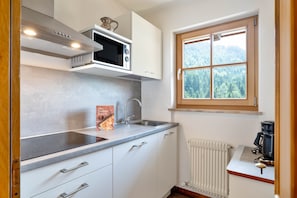 Jääkaappi, mikroaaltouuni, liesi, kahvin-/teenkeitin