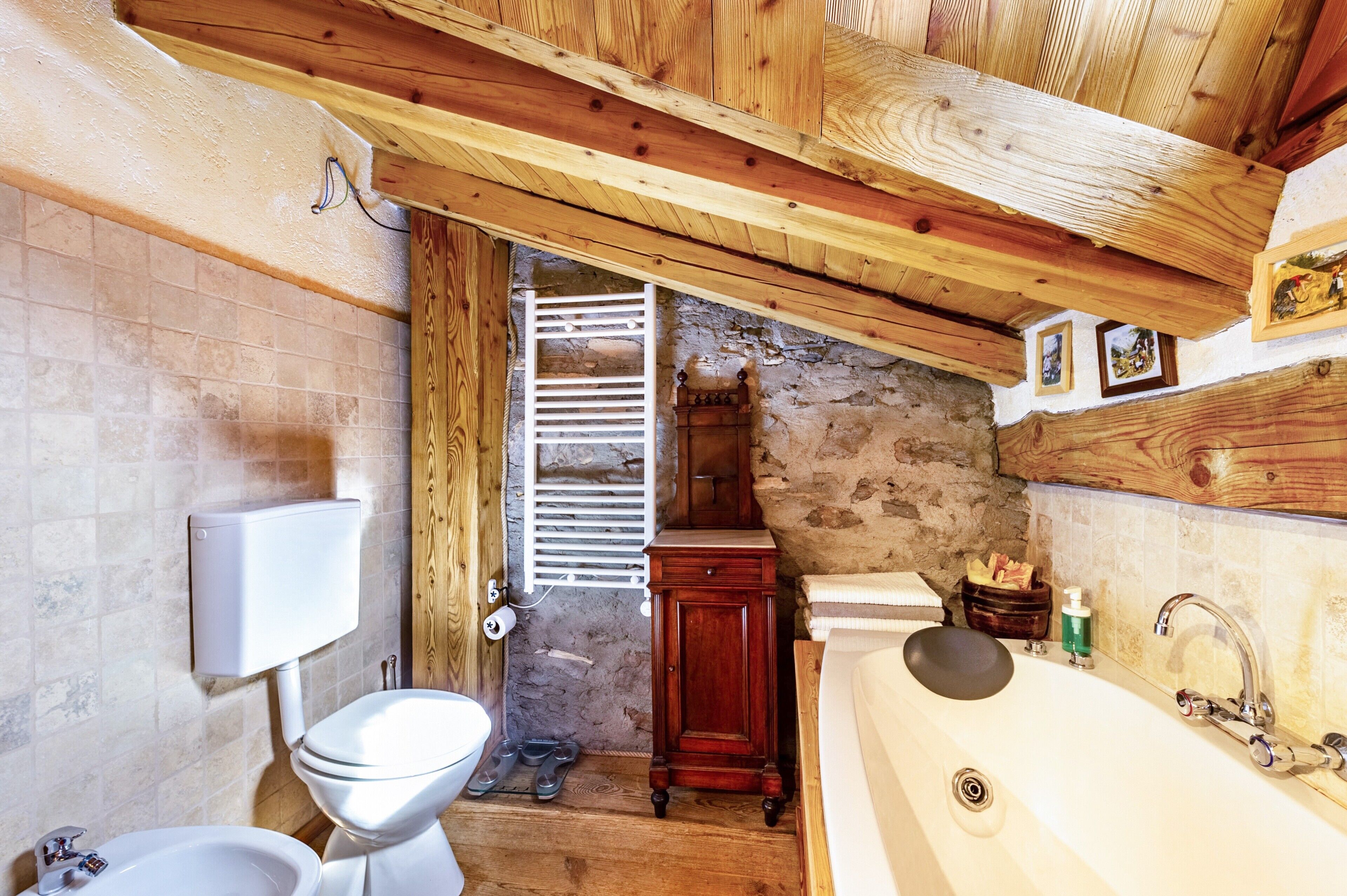 Une salle de bain rustique avec un plafond en bois, un mur en pierre, des toilettes, un lavabo et une baignoire.
