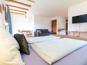 Un dormitorio con cama, sofá, televisor y escritorio.