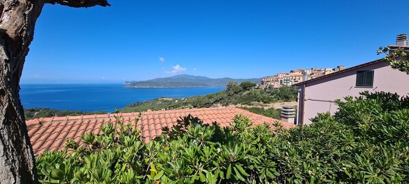 A coastal view with terracotta rooftops, a building with a green shutter, and a distant mountain.