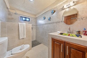 Shower, hair dryer, towels, soap