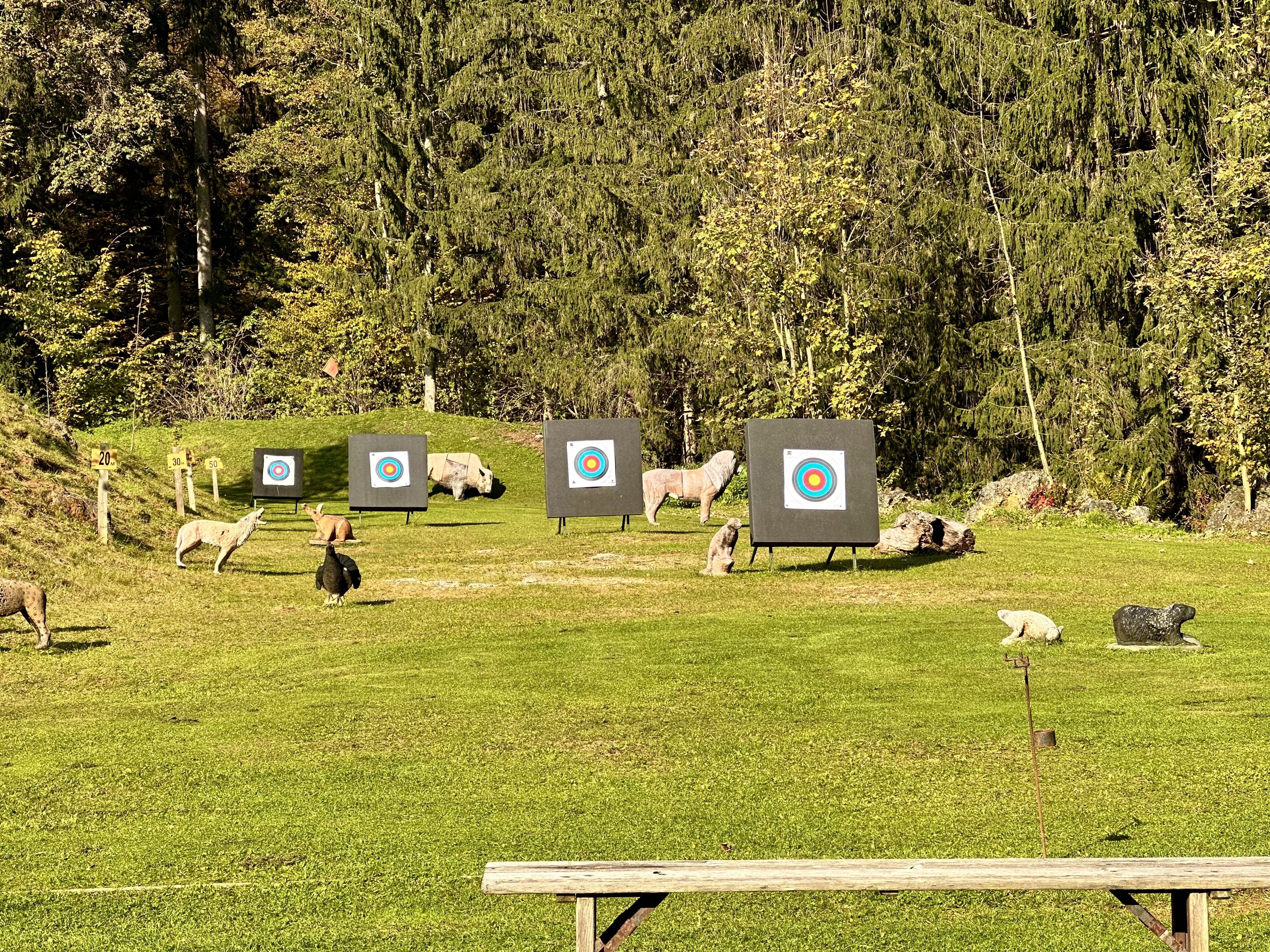 Un espacio al aire libre cubierto de césped con varios objetivos dispuestos para practicar tiro.