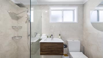 Hair dryer, towels, soap, shampoo