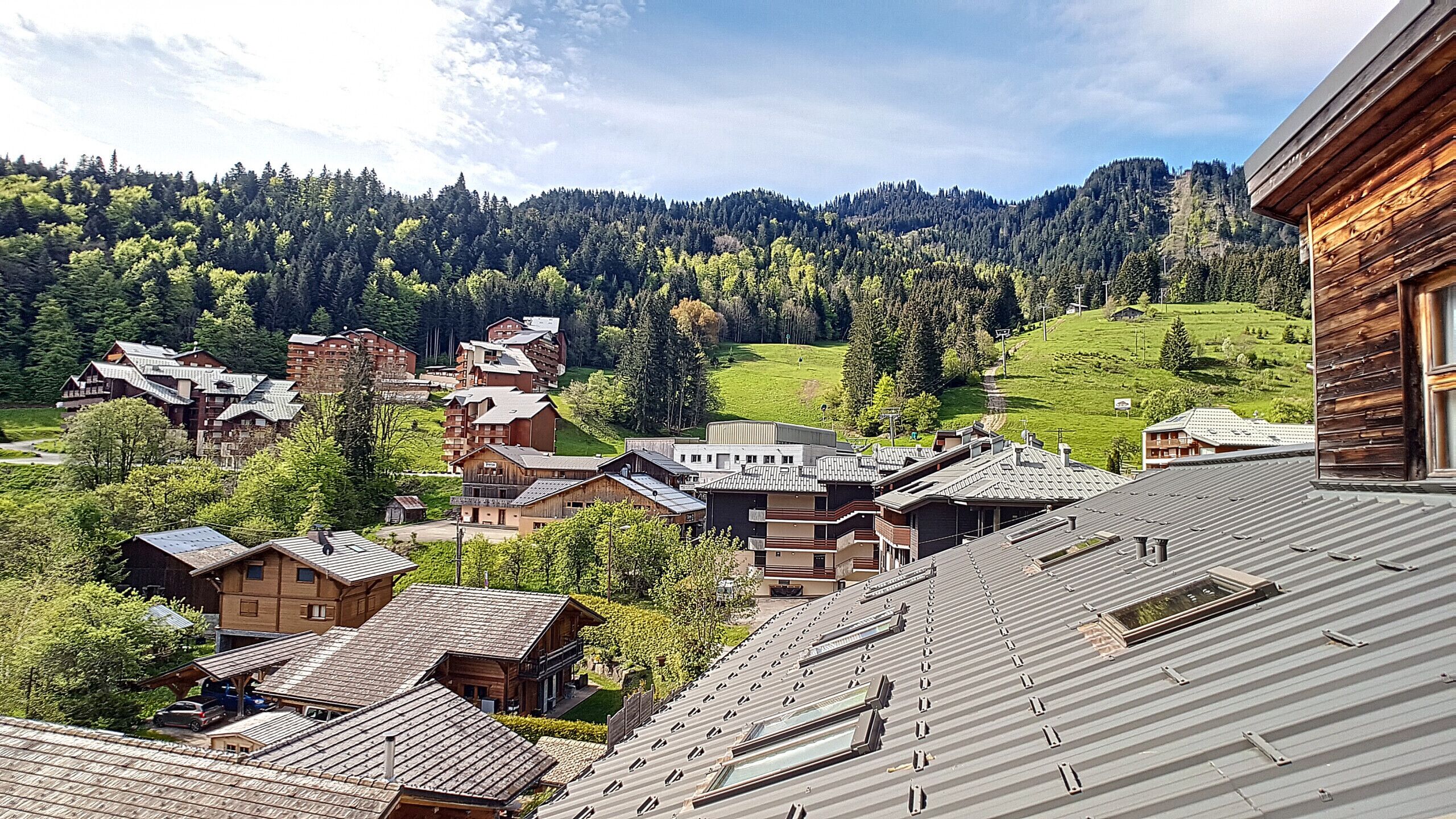 A mountainous village with traditional wooden buildings, a ski slope, and a clear view of the surrounding forest.