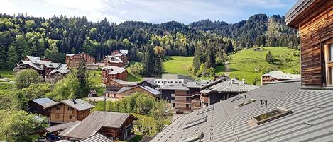 A mountainous village with traditional wooden buildings, a ski slope, and a clear view of the surrounding forest.