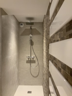 Combined shower/tub, hair dryer, towels