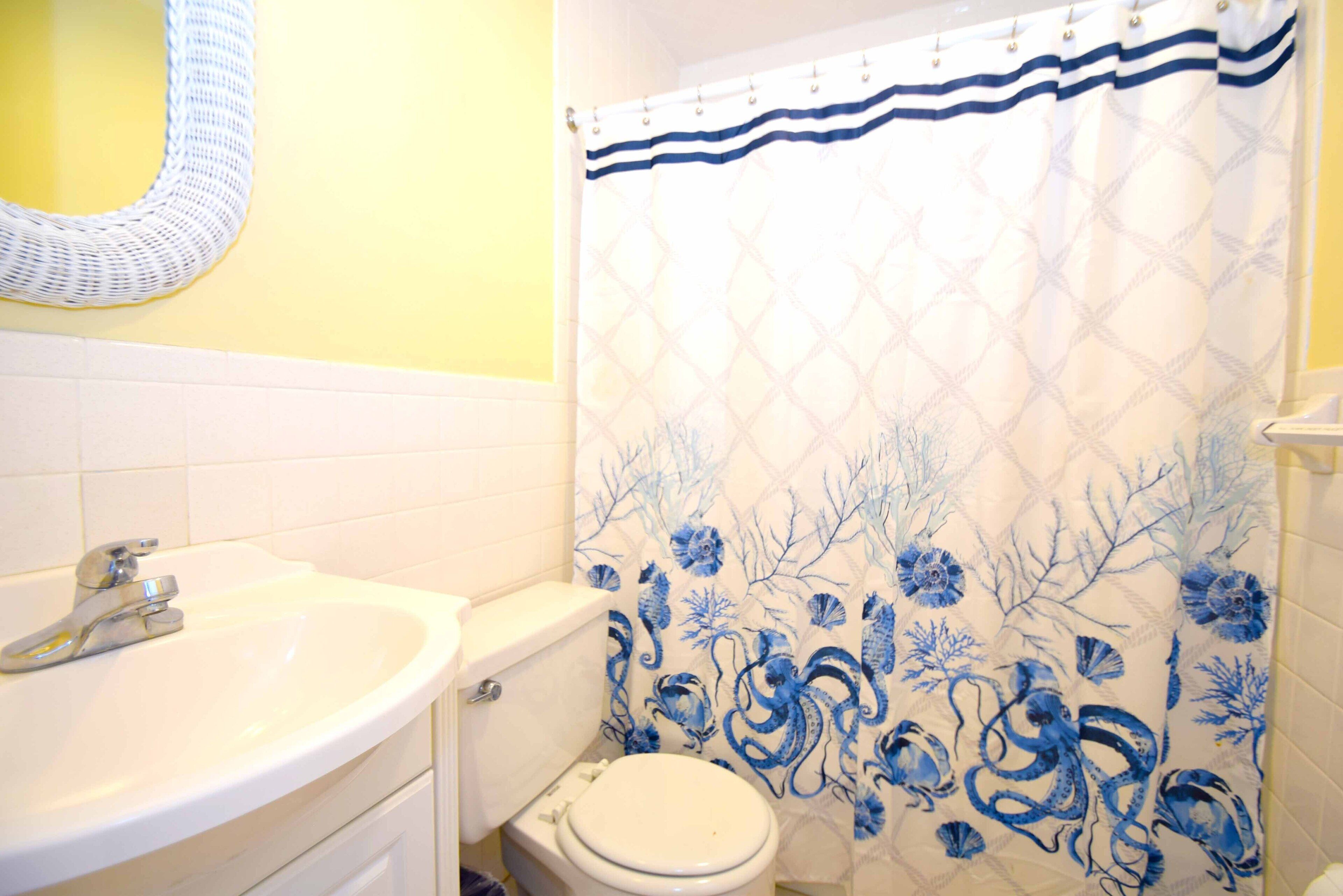 A bathroom with a white sink, a toilet, and a shower curtain with a blue floral pattern.