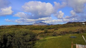 A panoramic view of a lush landscape with dense greenery, a clear sky, and distant mountains. - Seaside Cottage in Renvyle (Connemara)