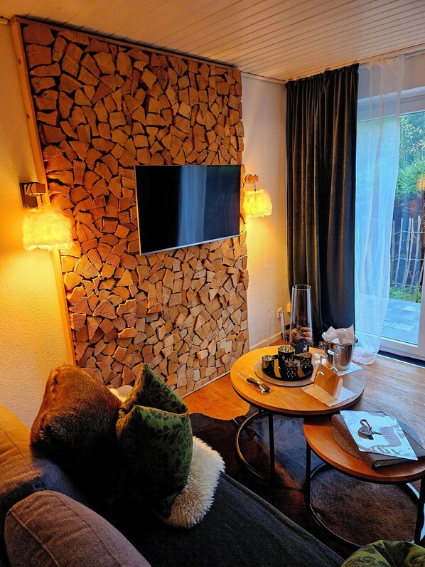 Smart TV, chimenea y libros 