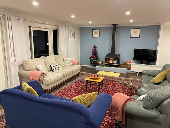 Smart TV, fireplace, books