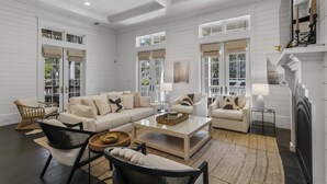 Flat-screen TV, fireplace