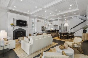 Flat-screen TV, fireplace