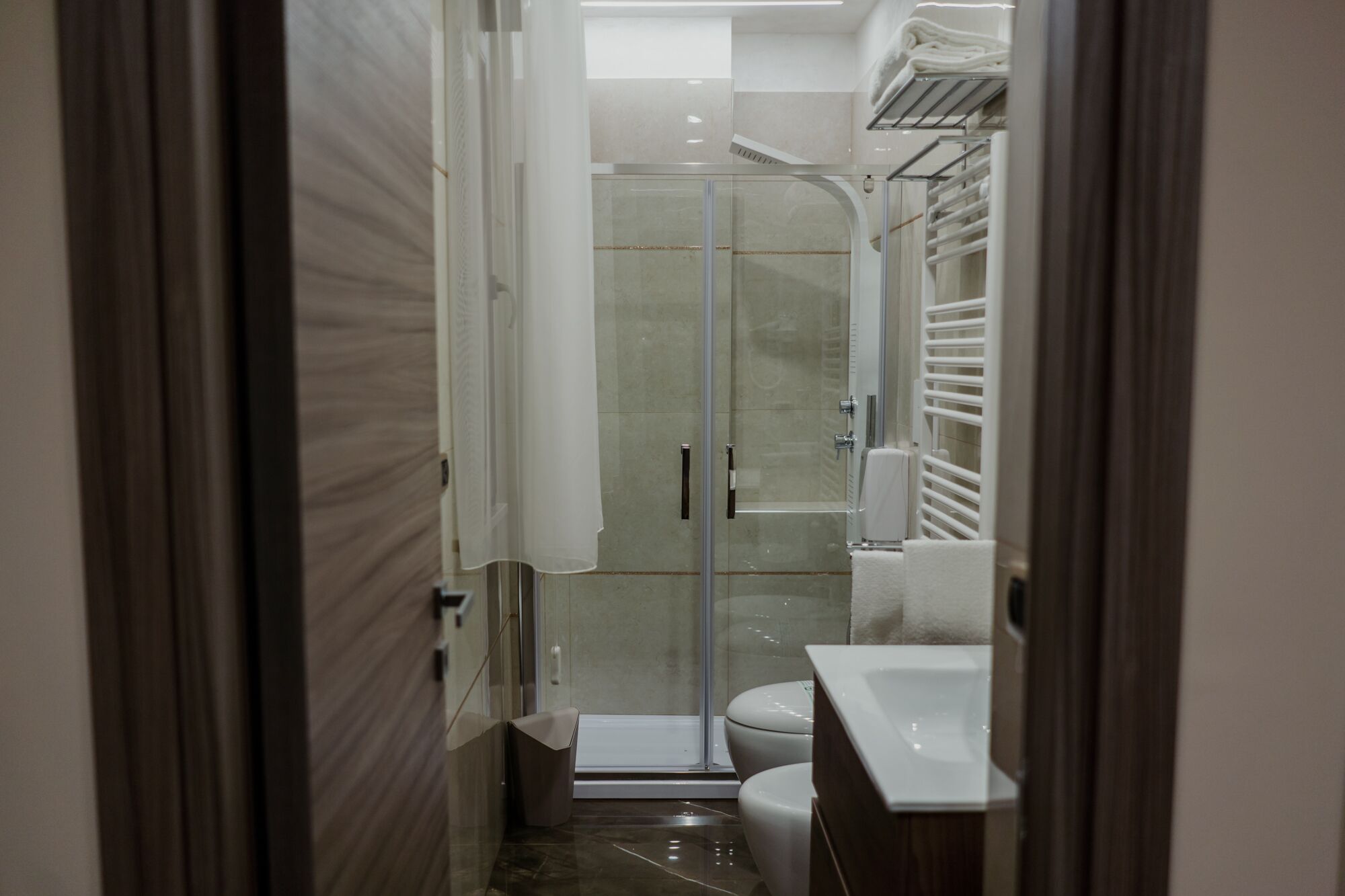 A narrow bathroom with a glass shower enclosure, a white toilet, and a sink with a towel rack.