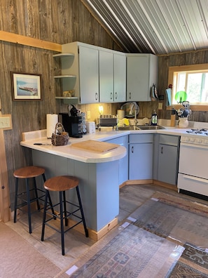Fridge, oven, stovetop, coffee/tea maker