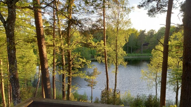 Puinen terassi, jolta avautuu näkymä tyyneen järveen, jonka ympärillä kohoaa korkeita puita.