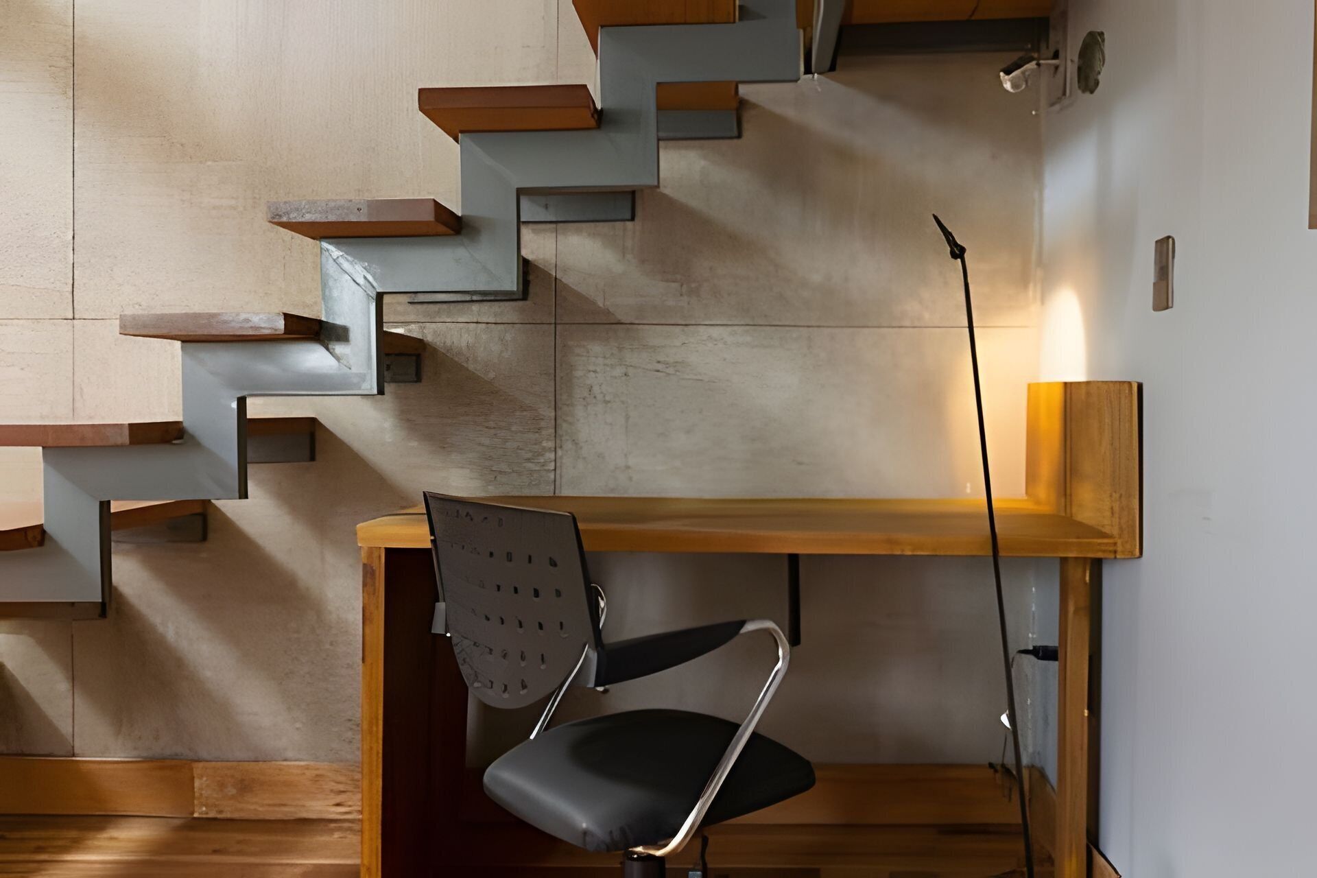 Un intérieur moderne avec un bureau en bois, un fauteuil de bureau noir et un escalier au design original, le tout mis en valeur par un mur en béton.