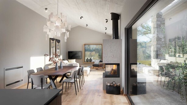 A modern kitchen with a large dining table, a fireplace, and a view of the outdoors. - Villa Touch of Nature with Pool (Motovun)