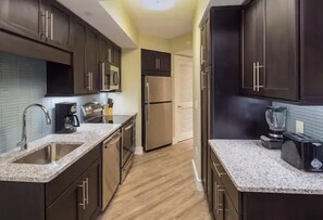Microwave, dishwasher, coffee/tea maker, cookware/dishes/utensils