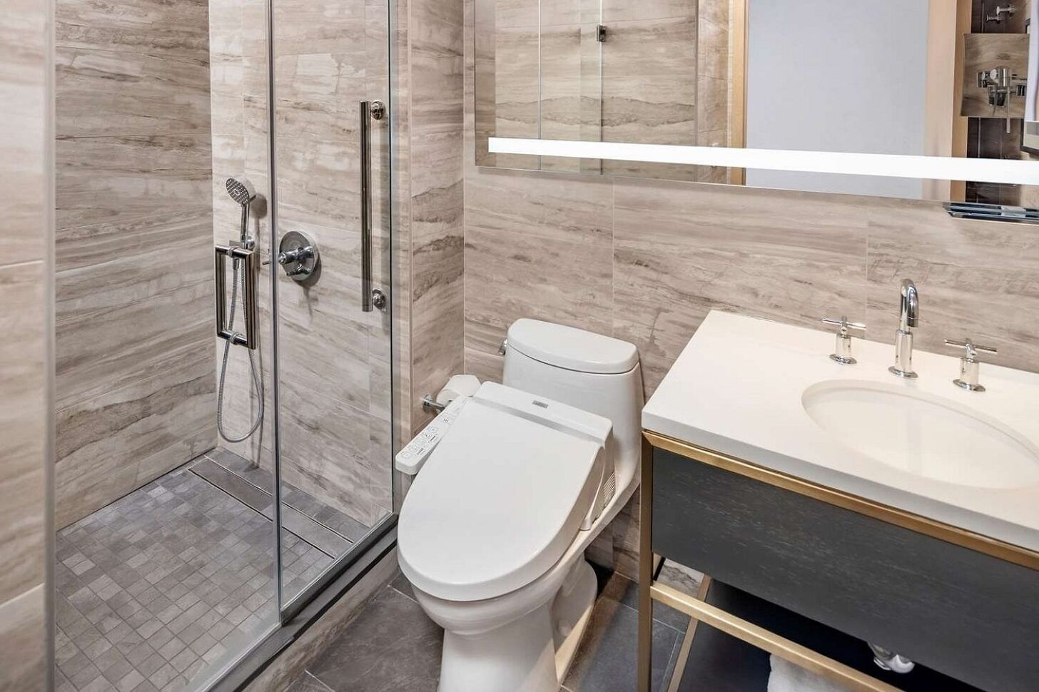 Hair dryer, bidet, towels, soap