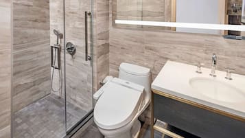 Hair dryer, bidet, towels, soap
