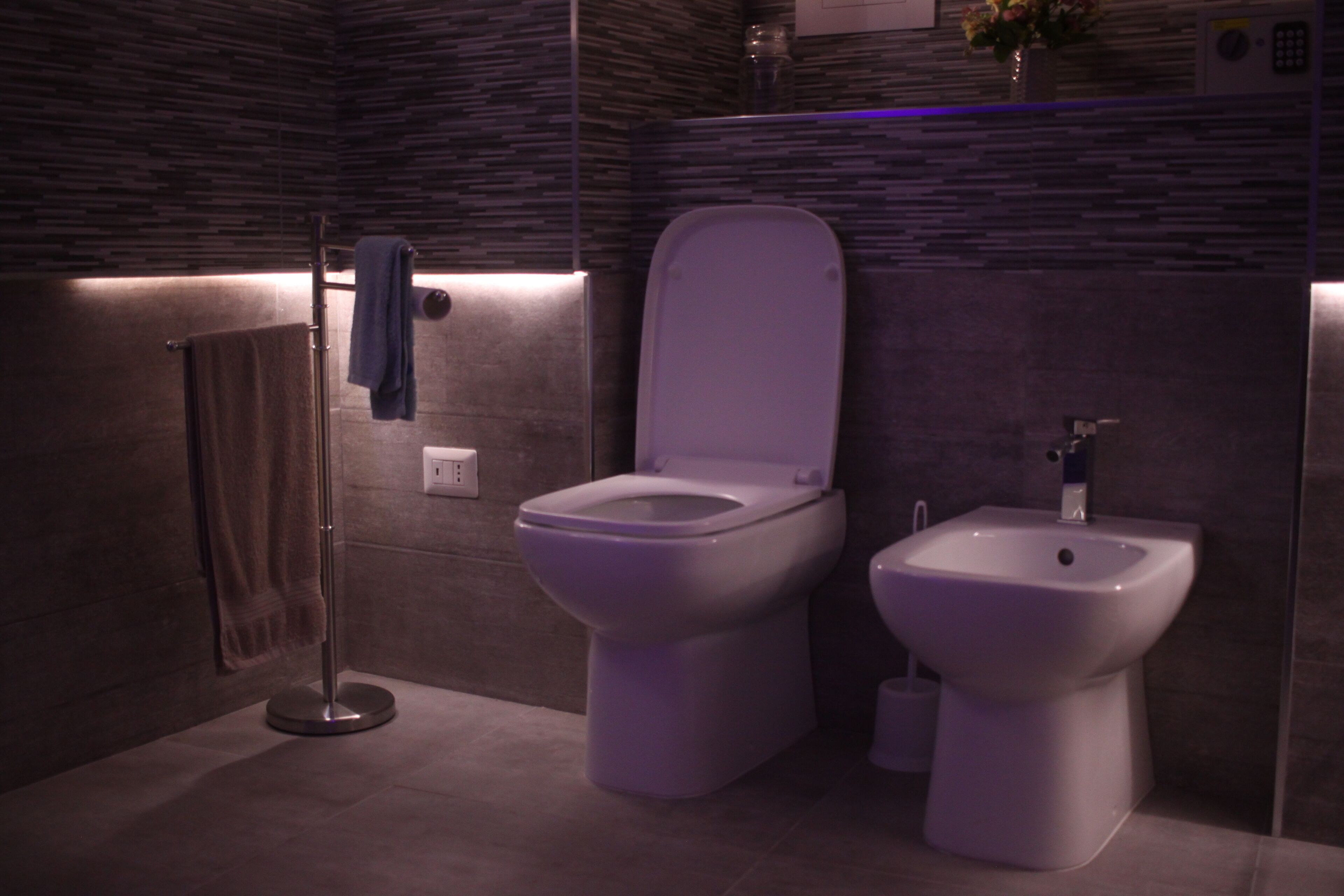 Un baño moderno con inodoro y bidé, un perchero y un espejo.