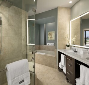 Bathtub, jetted bath, hair dryer, towels