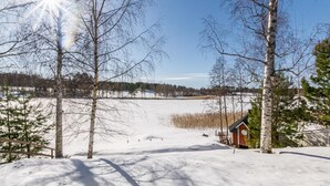 Et snedækket landskab med en lille træhytte og birketræer.