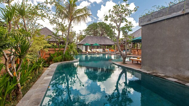 A swimming pool surrounded by lush greenery and a building with a thatched roof. - Alam Wayang Ubud (Ubud)