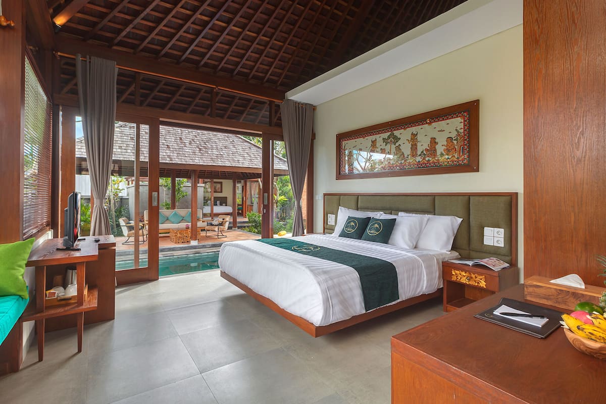 Luxe villa, 3 slaapkamers, privézwembad | 1 slaapkamer, lakens van Egyptisch katoen, luxe beddengoed, een minibar