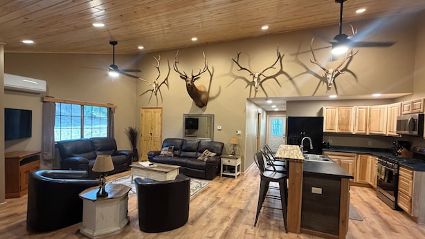 A spacious living area with a fireplace, a dining area, and a kitchen with wooden cabinets and modern appliances. - Hunters Home (Brule)