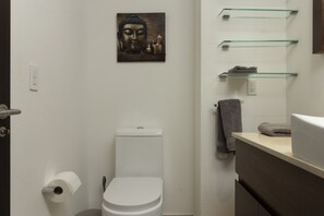 Séchoir à cheveux, serviettes fournies, savon, papier de toilette