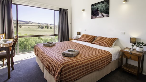 Camera d'albergo con un letto grande, un tavolo da pranzo e vista su un campo.