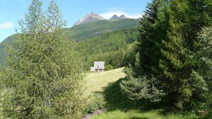 A rural landscape with a small house on a grassy hill, surrounded by dense forest and mountains in the background. - Maison Perchu - Pila, Vallée D'aoste (Pila)