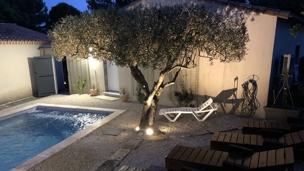 A backyard with a swimming pool, a tree, and wooden lounge chairs. - Entire private gîte (Lédenon)