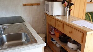 Une cuisine équipée d’un évier en acier inoxydable, d’un four à micro-ondes et de meubles de rangement en bois.