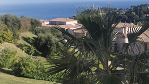 A coastal view with a clear sky, a palm tree in the foreground, and buildings with red-tiled roofs in the background. - Grand Appartement de 70 m2 vue mer (Saint-Raphaël)