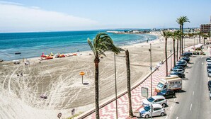 Ein Strand mit Palmen, eine Straße mit parkenden Autos und einem strahlend blauen Himmel.