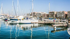 Ein Yachthafen mit mehreren Segelbooten, einer Holzsteganlage und Wohnhäusern im Hintergrund.
